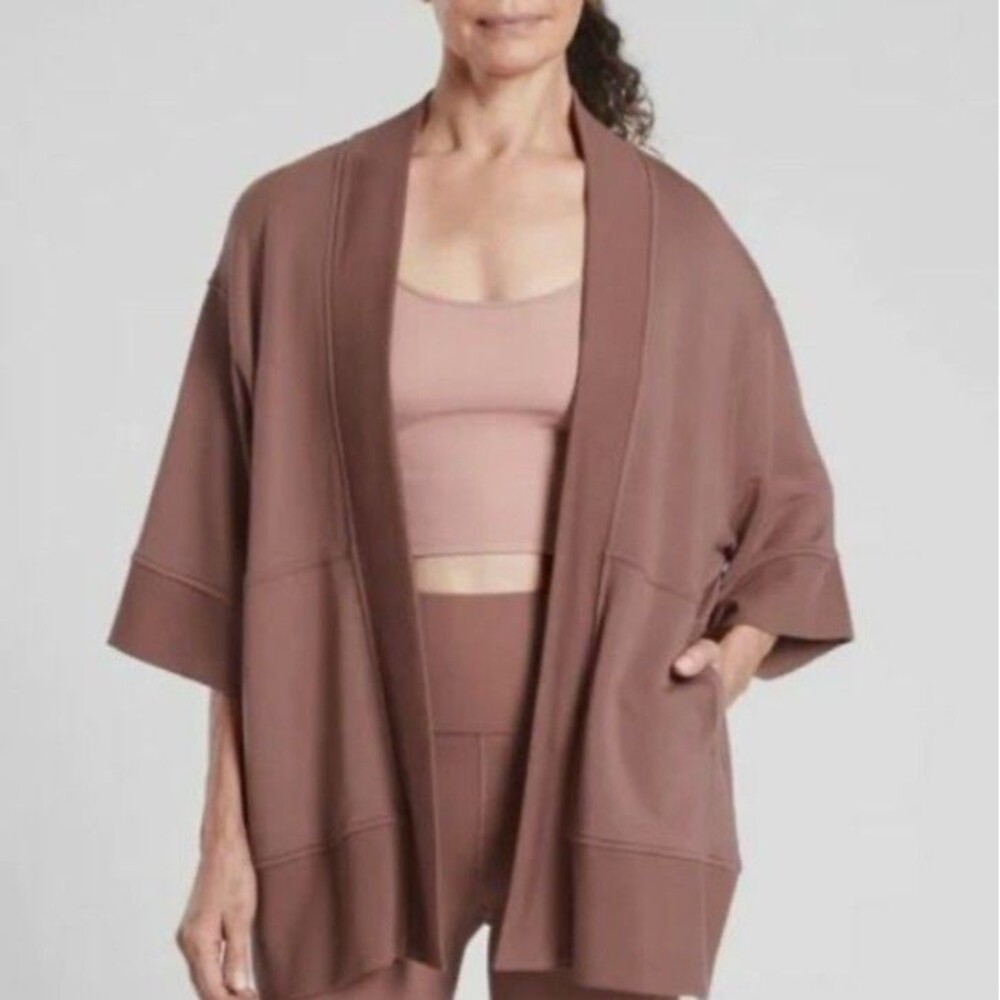 Athleta Brown Lotus Wrap Open Cardigan Soft Travel Size S/M Athleisure Athletic